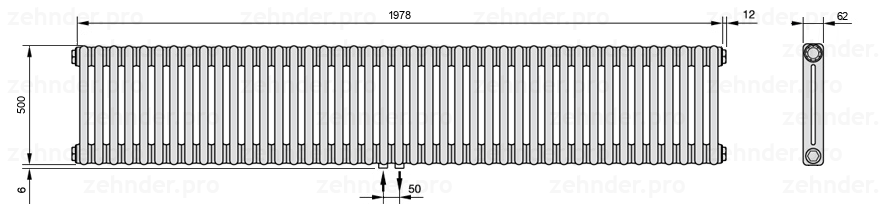 Схема (чертеж) Радиатор Zehnder Charleston 2050/43 №3470 Белый глянцевый RAL 9016